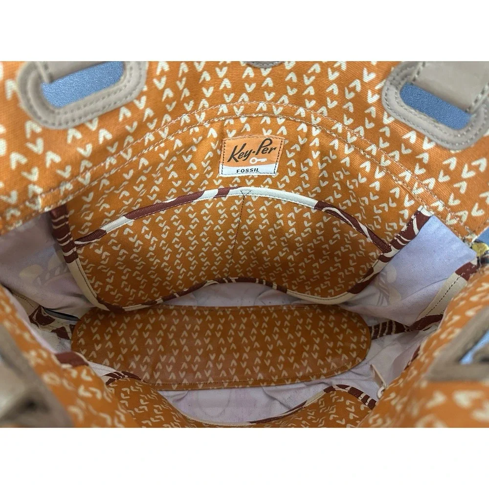 Fossil Key Per Bag Coated Canvas Shoulder Purse Tote Floral Aztec Orange Brown